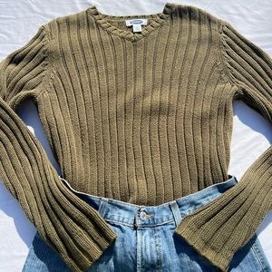 Olive Green Knit Ribbed Sweater